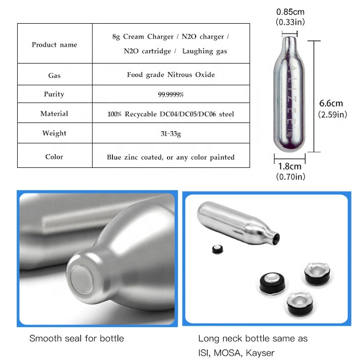 Excellent Quality Bulk Selling Carbon Steel Metal Type Cream Charger Cylinder 8g 99.999% N2o Gas